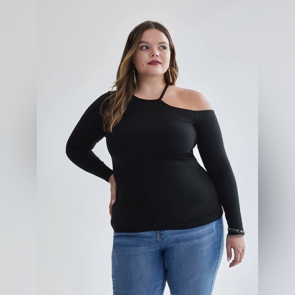 Addition Elle Black Long-Sleeve Knit Top with Cold Shoulder Size 1x